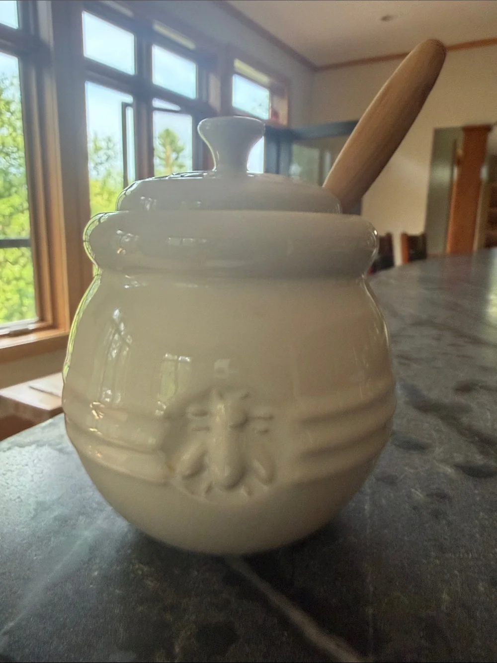Le Creuset Cream Ceramic Honey Pot with Wooden Dipper